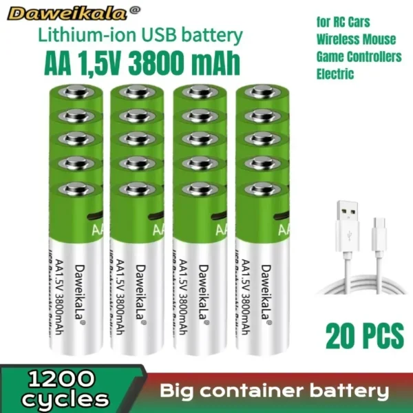 Fast charging 1.5V AA lithium ion battery with 3800mah capacity and USB rechargeable lithium USB battery for toy keyboard