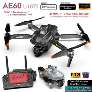 AE60 GPS Drone 8K Professional HD Camera 3-Axis Gimbal Brushless 12KM Obstacle Avoidance Large Screen FPV Fishing Airdrop Drones