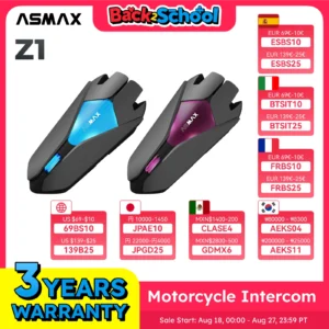 ASMAX Z1 Motorcycle Bluetooth Intercom, IP67 Waterproof Helmet Headset, 2 Chips 8-Core, HIFI Speakers, ENC, 42min Fast Charging