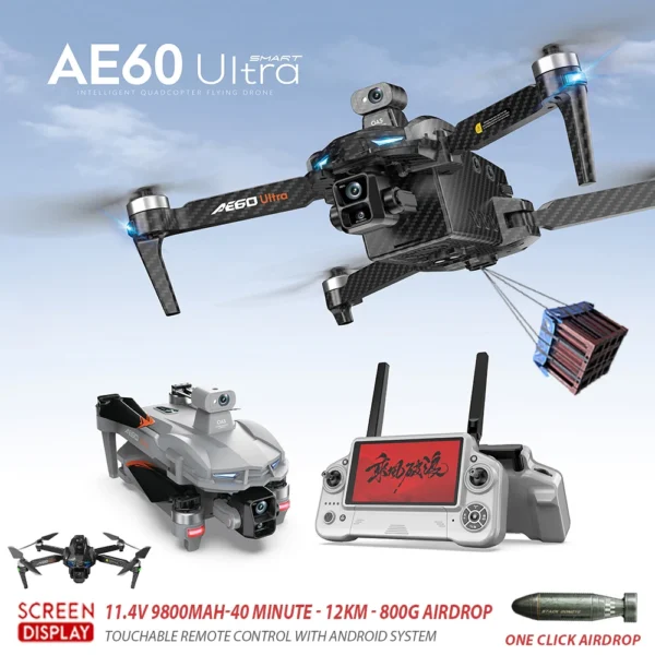 AE60 GPS Drone 8K Professional HD Camera 3-Axis Gimbal Brushless 12KM Obstacle Avoidance Large Screen FPV Fishing Airdrop Drones - Image 2